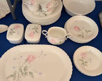 Mikasa “April Rose” Bone China, Japan 31 pcs., 1 serv platter, 1 cake plate, 
1 cake knife, 1 serv bowl, 2 trinket box, 
7 cups, 8 DP, 6 SP, 3 BP, 1 sugar.      $250.00