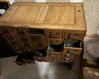 Vintage Oak Card File Cabinet 30 Drawers.33”w 17”d 35.5” t
