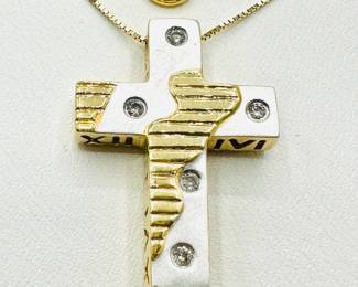 14KT Yellow Gold Natural Diamond Double Sides Cross Pendant And Chain Jewelry