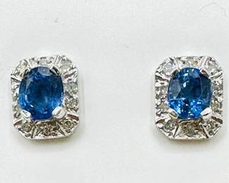 14KT White Gold Pair Of Natural Diamond And Sapphire Earrings Jewelry