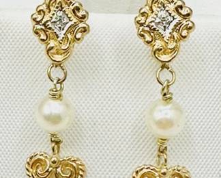 14KT Yellow Gold Pair Of Hanging Heart Earrings With Natural Diamonds Jewelry