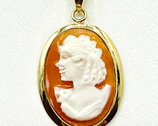 14KT Yellow Gold Cameo Oval Pendant And Chain Jewelry
