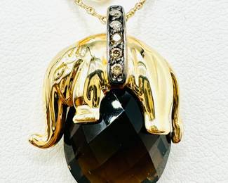 14KT Yellow Gold Elegant Smoky Topaz With Chocolate Diamond Pendant And Chain Jewelry