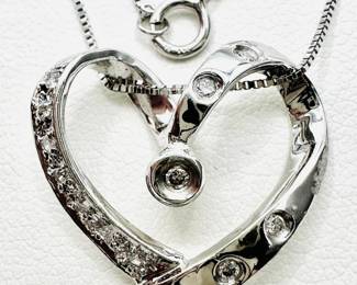14KT White Gold Natural Diamond Open Heart Pendant And White Gold Chain  Jewelry