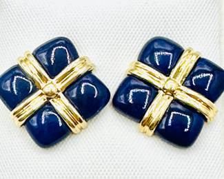 14KT Yellow Gold Pair Of Lapis Square Earrings Jewelry