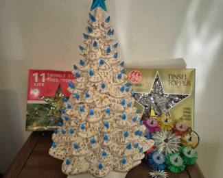 Large Ceramic Christmas lighted tree. Vintage Christmas ornaments 