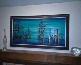 Pirate Ships at Anchor original painting  stamped Vanguard Art Studio, Murano Glass sculptures 