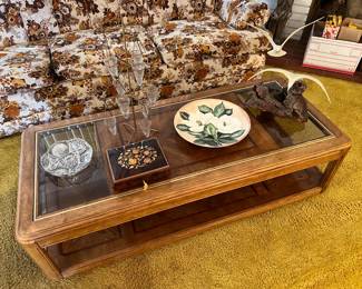 This picture focuses more on the coffee table, a wood and glass model, but you can also see the sofa as well (or part of it).