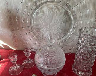 Beautiful glass platter, Vase, Candy Dish, Candle holders