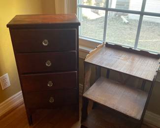 Misc occasional pieces.  4 drawer stand, 3 shelf book case