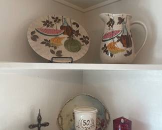 Redwing Pitcher & Platter; 1904 World's Fair Cranberry Pitcher (crack at handle), Small Cranberry glass "Mother" from World's Fair; Misc items
