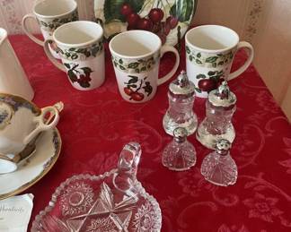Misc - 4 ea decorative cup/plate sets.  Salt/Peppers shakers, trivet dish