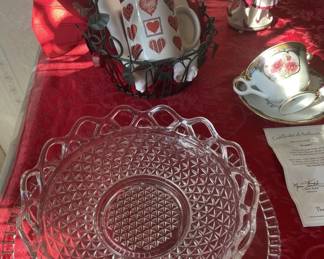Glass platter and serving bow.  Heart cup/napkins