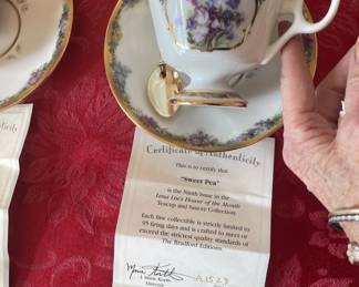 Collectible Tea Cups.  5 -  3 piece sets new.  (we unpacked the sealed boxes) w/ certificates of authenticity.  "Sweet Pea" pictured