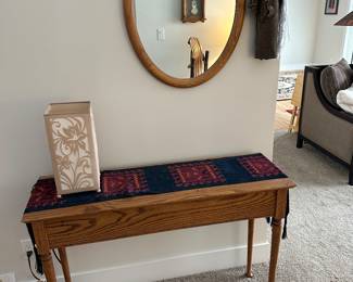 Oak mirror 28” x 21”; Oak lift-top table 29.5” t x 42” w x 14” d