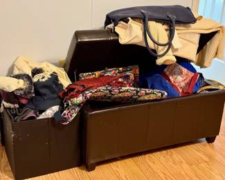 Storage solutions filled with Vera Bradley and other bags, as well as winter hats, gloves and scarves.