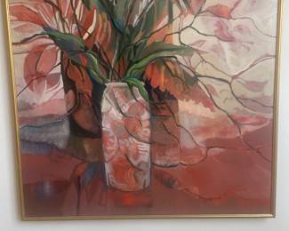 Wonderful early Barbara Gallagher 4’x4’  floral acrylic on canvas in the main hallway from front living area to the den