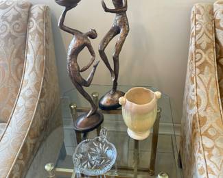 One of a pair of contemporary glass and brass tables