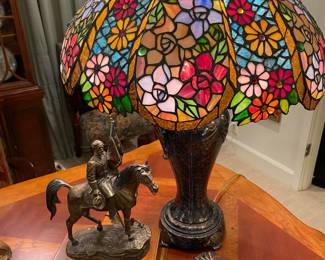 Wonderful floral stained glass lamp with Jim Palmer” Pride of Dixie” bronze statue