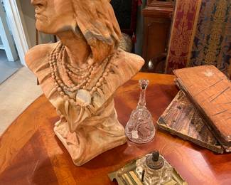 Alabama clay Indian bust with crystal and brass inkwell plus late 1800’s ledgers