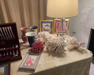 Coral specimens Kelly Fitzpatrick print, Barabra Gallagher print and Rookwood pottery 