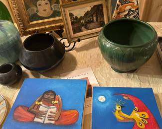 Eduardo Arguedas original paintings, Gruby jardinere, Shearwater pottery sculpture, Camille Armstrong painting, English artist Willis Pryce oil painting 
