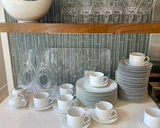 Set of white dinnerware with Fostoria “ Hermitage “ stemware