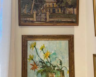 Top: Dixie Art Colony artist Lora Dawn Hall oil of house
Bottom Montgomery artist Myrtle Cohen floral oil