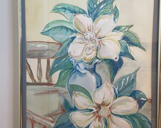 Montgomery artist Jo Leavell watercolor/pastel “Magnolias with Chair”