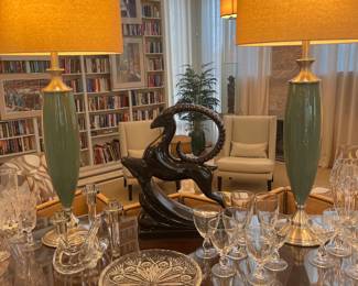 Royal Heagar art deco Ibix ceramic sculpture with Dorothy Thorpe lucite pretzel candle holders