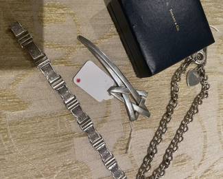 Diamond pave’ sterling bracelet with Paloma Picasso for Tiffany sterling “Shooting Star “ broach and Tiffany sterling chain