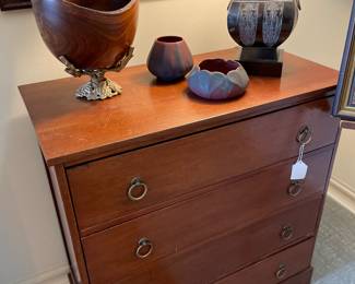 Mahogany mid century modern bowl chest with Van Briggle pottery and patinated steel oriental lamp