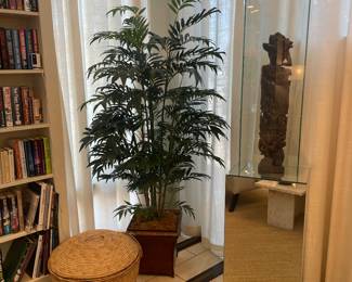 African lidded basket with silk palm tree and oriental carving with pedestal and case
