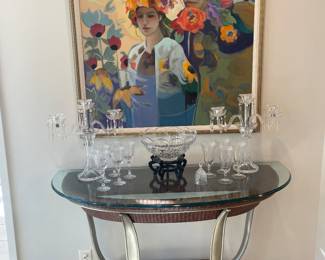Glass top wicker and steel console table