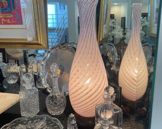 Vintage 1950’s Large Murano art glass vase lamp with Waterford and other crystal decanters 