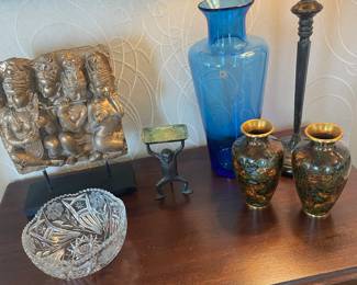 Blinko vase with cloisonné vases and cut glass bowl 