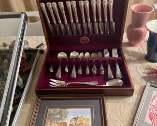 Service for 12 “Old French” sterling with Holiday folk watercolor 