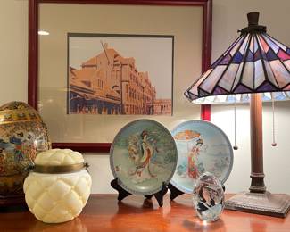 View of top of armoire with wonderful stain glass lamp and Webb quilted biscuit jar 