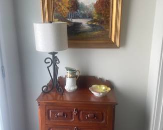Mahogany child’s chest ( might even be Victorian) with Maynard landscape 