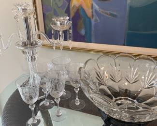 One of a pair of Slovakia crystal candelabras with Tiffin “June Night” stems and Waterford bowl
