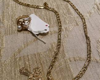 14k Figaro chain with cross and 14 k pearl ring