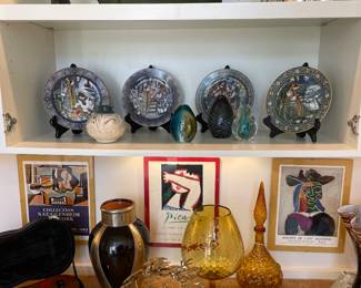 Picasso posters with mid century modern bowl sculpture and glass