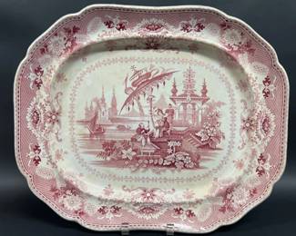 Red and White transferware "Oriental" pattern platter