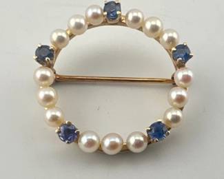 14kt pearl and sapphire circle pin