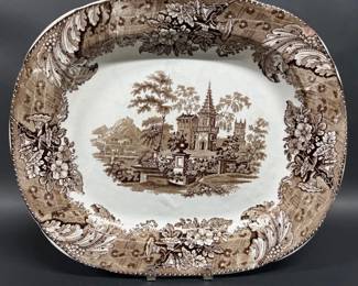 Large brown and white transferware platter