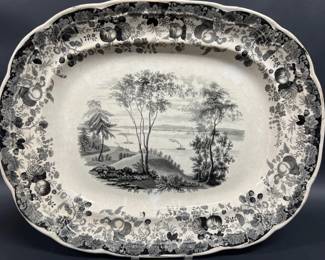 Staffordshire "Bay of New York from Staten Island" transfer ware black and white platter
