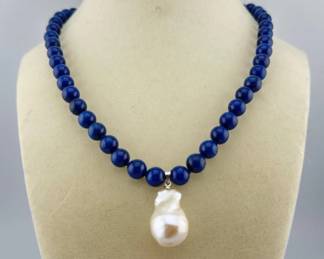 Knotted lapis beads with Baroque pearl drop neacklace