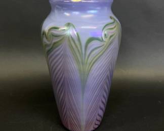 Zellique art glass pulled feather vase signed Joe Morel