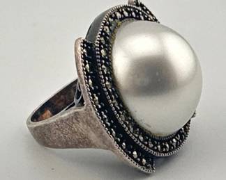 Judith Jack sterling mabe pearl and marcasite ring
