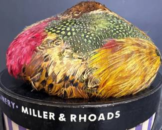 Sara Sue custom feather hat in original Miller and Rhoads box